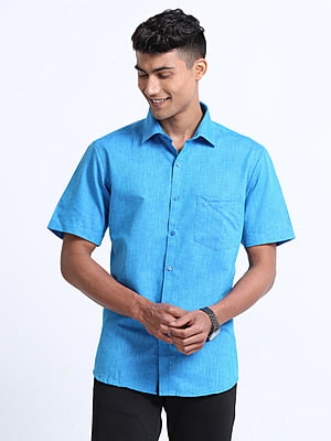 Cotton Linen Deep Sky Blue Colour Shirt Half Sleeve