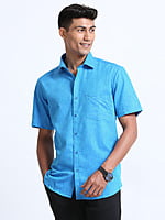 Cotton Linen Deep Sky Blue Colour Shirt Half Sleeve