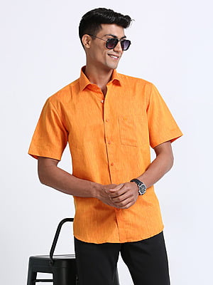 Cotton Linen Orange Colour Shirt Half Sleeve