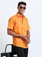 Cotton Linen Orange Colour Shirt Half Sleeve