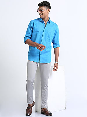 Cotton Linen Deep Sky Blue Colour Shirt Full Sleeve