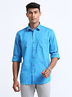Cotton Linen Deep Sky Blue Colour Shirt Full Sleeve