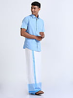 Sky Blue Two Tone Double Dhothie + Shirt Set Half Sleeve