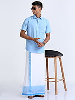 Sky Blue Two Tone Double Dhothie + Shirt Set Half Sleeve