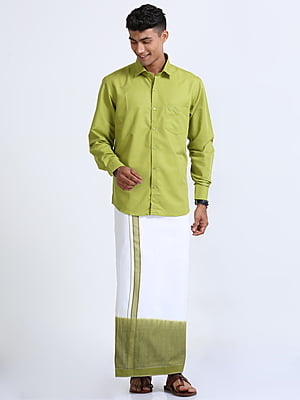 Dark Sea Green Two Tone Double Dhothie + Shirt Set Full Sleeve