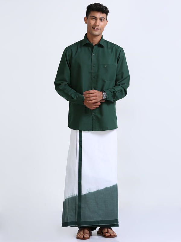 Green Two Tone Double Dhothie + Shirt Set Full Sleeve