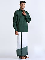 Green Two Tone Double Dhothie + Shirt Set Full Sleeve