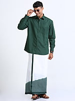 Green Two Tone Dhothies + Shirt Set Full Sleeve