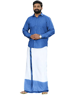 Blue Two Tone Dhothies + Shirt Set Full Sleeve