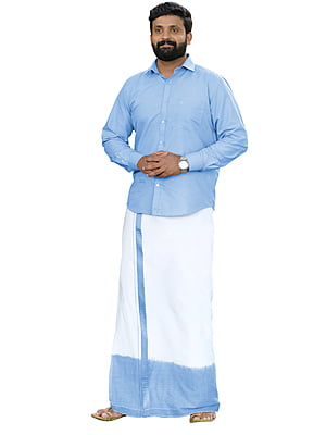 Sky Blue Two Tone Dhothies + Shirt Set Full Sleeve