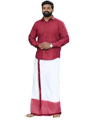Red Two Tone Dhothies + Shirt Set Full Sleeve